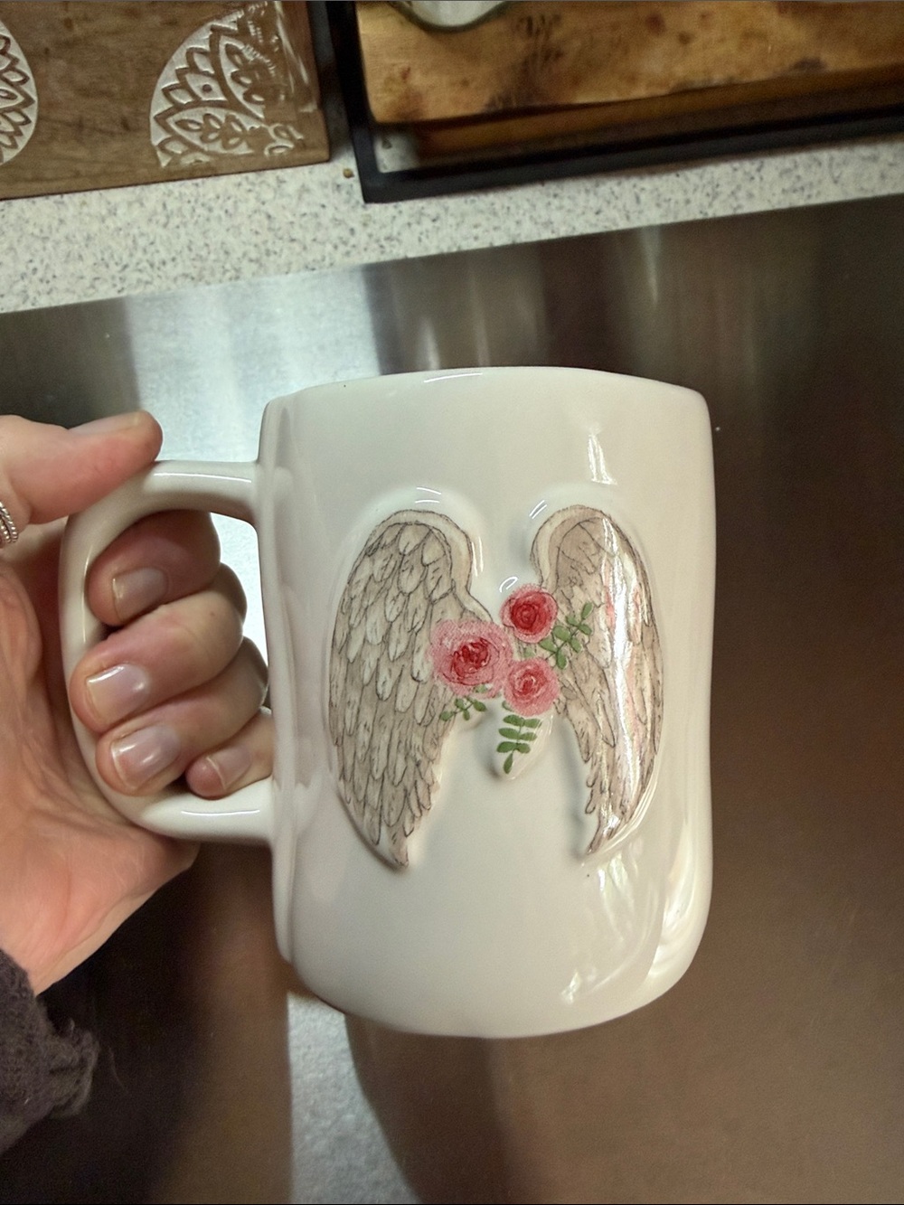 Rae Dunn White Mug with Angel Wings and Pink Roses
